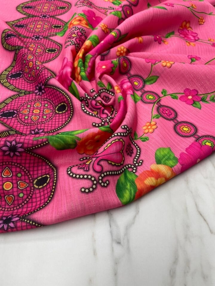 Altın Simli Otantik Desen Elbiselik Keten Kumaş