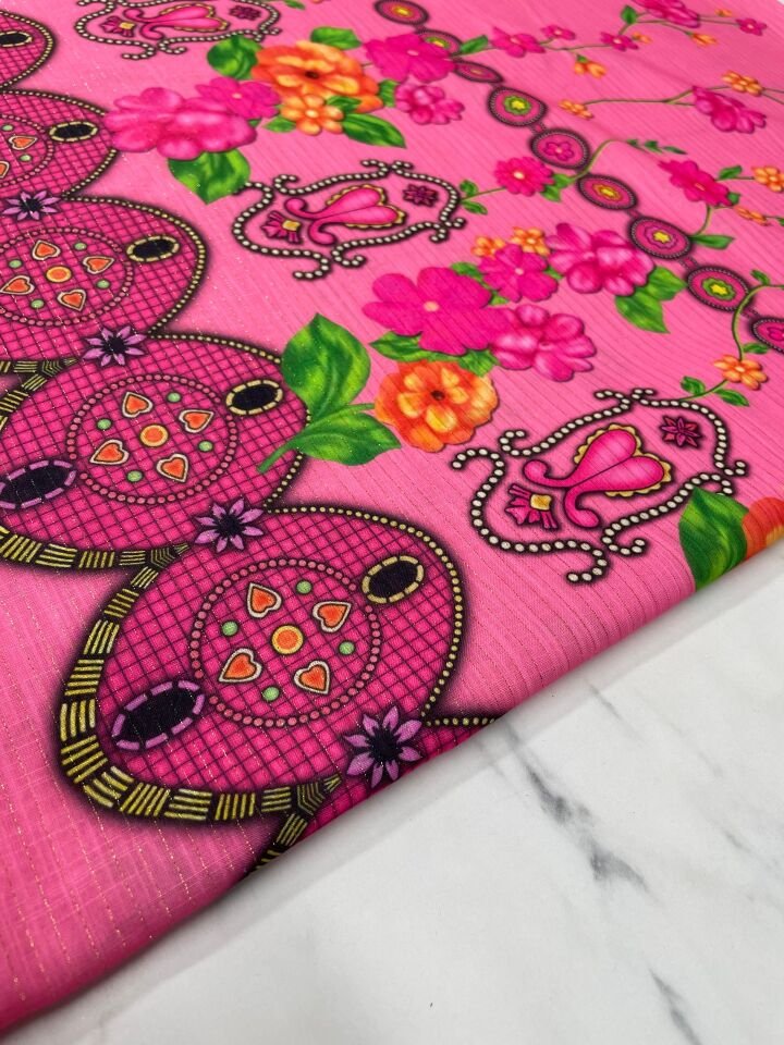 Altın Simli Otantik Desen Elbiselik Keten Kumaş