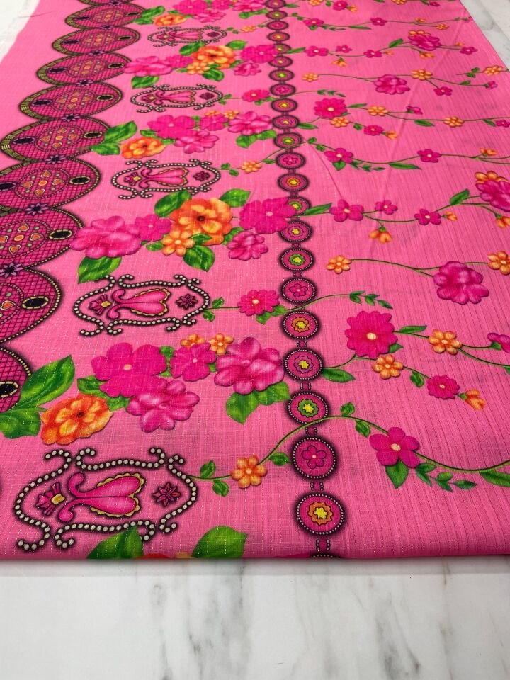 Altın Simli Otantik Desen Elbiselik Keten Kumaş