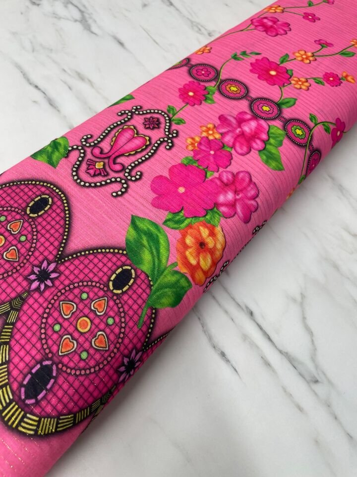 Altın Simli Otantik Desen Elbiselik Keten Kumaş