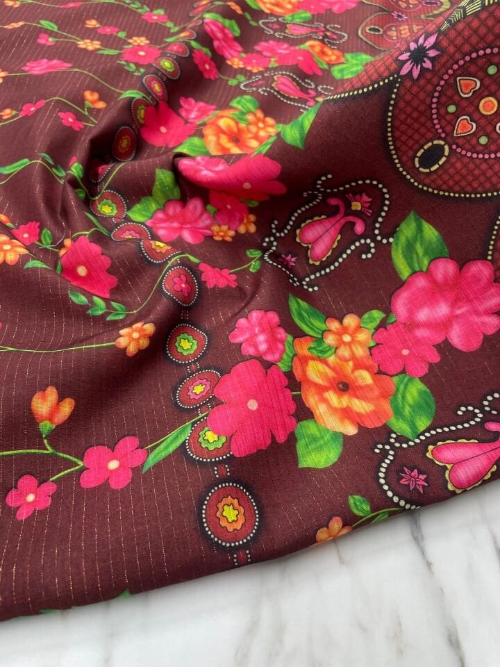 Altın Simli Otantik Desen Elbiselik Keten Kumaş