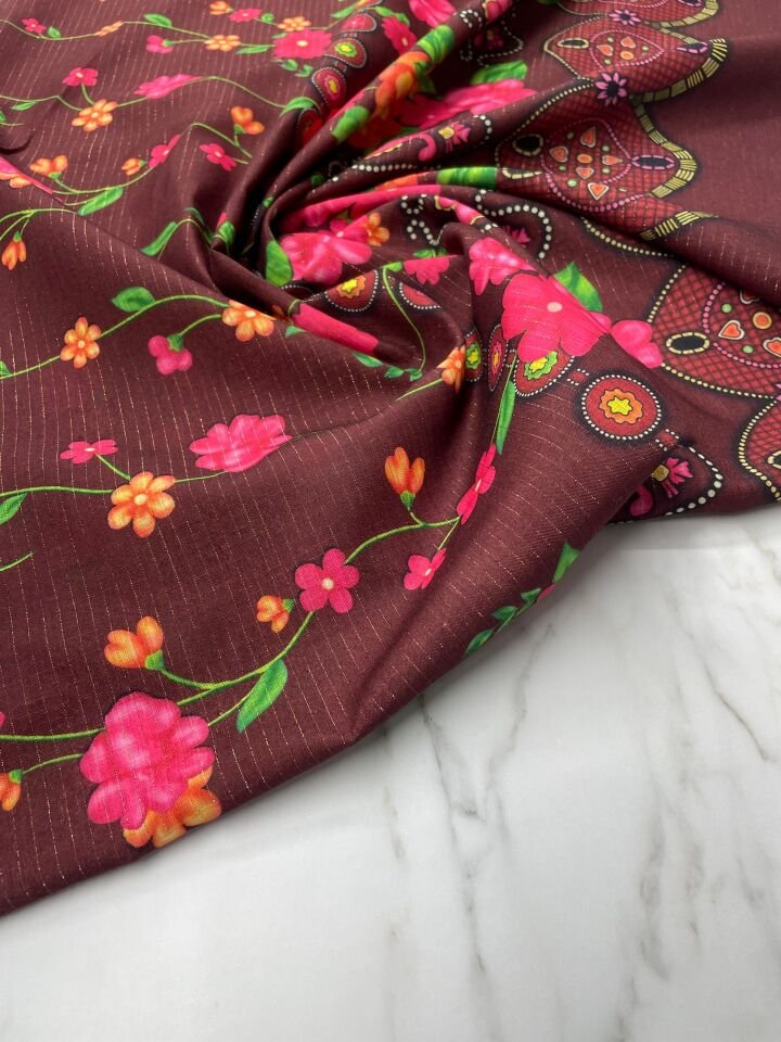 Altın Simli Otantik Desen Elbiselik Keten Kumaş