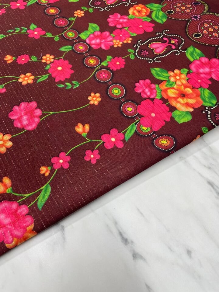 Altın Simli Otantik Desen Elbiselik Keten Kumaş