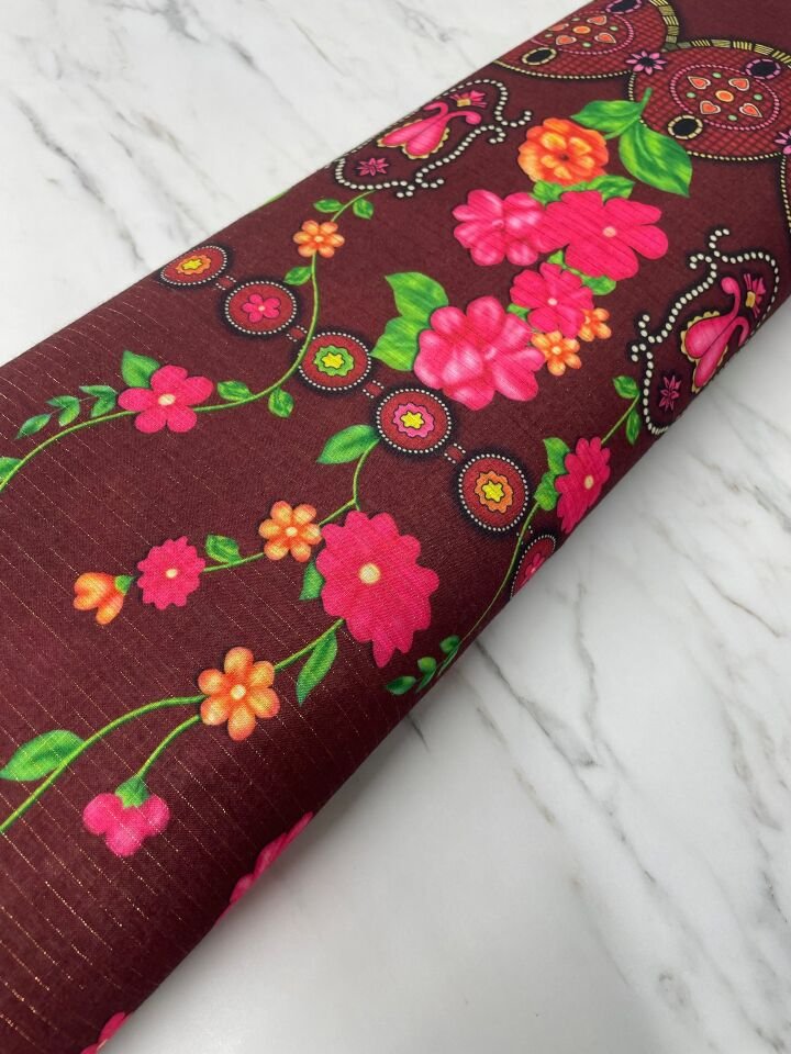 Altın Simli Otantik Desen Elbiselik Keten Kumaş