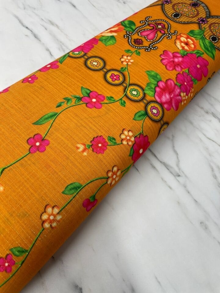 Altın Simli Otantik Desen Elbiselik Keten Kumaş