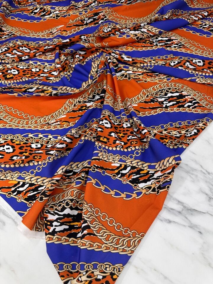 Leopar Detaylı Zincir Desen Elbiselik Gömleklik Krep Kumaş