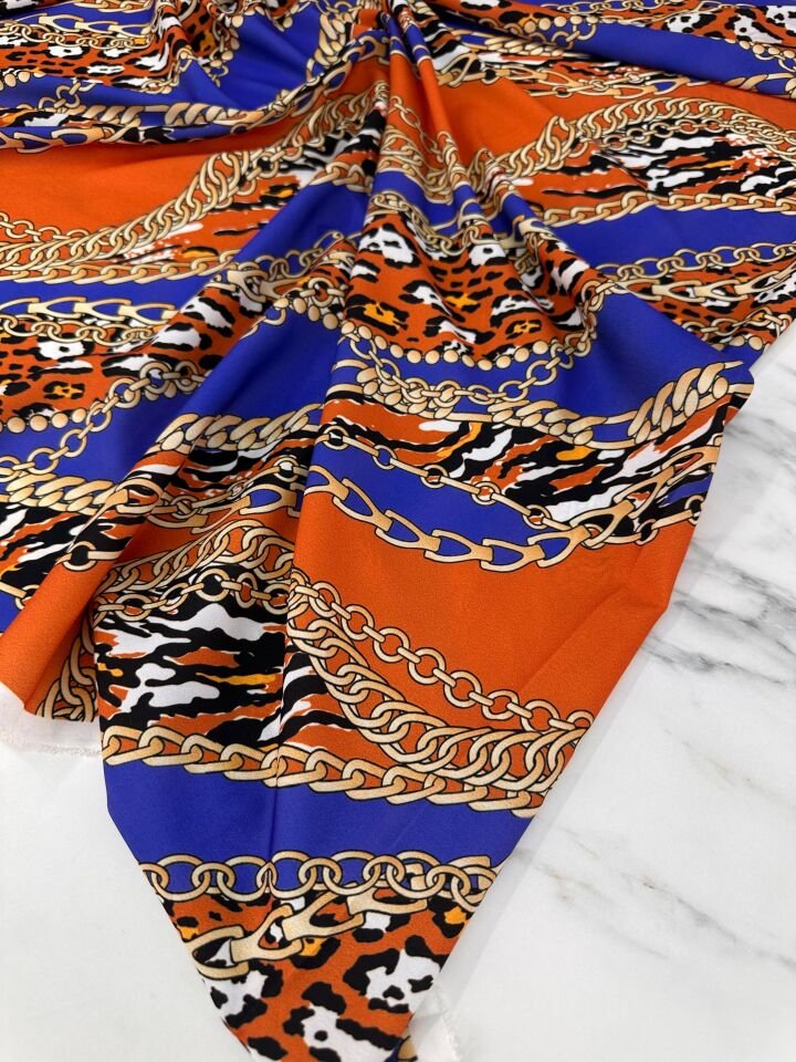 Leopar Detaylı Zincir Desen Elbiselik Gömleklik Krep Kumaş