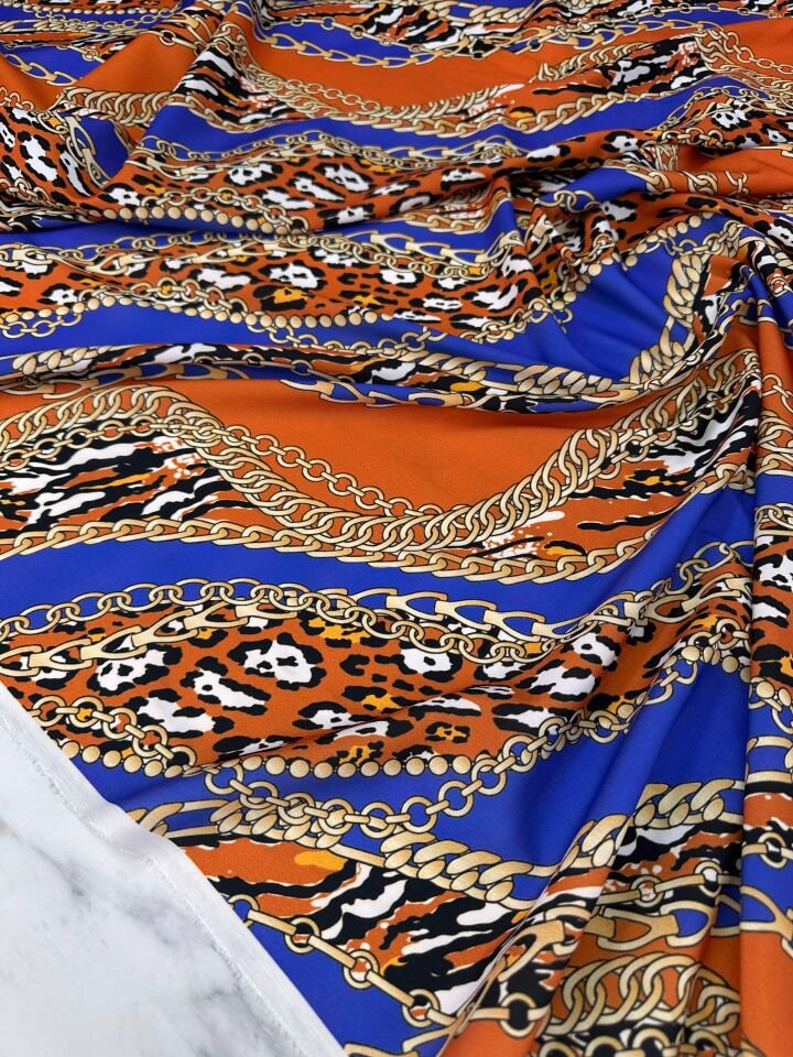 Leopar Detaylı Zincir Desen Elbiselik Gömleklik Krep Kumaş