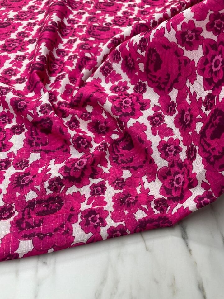 Altın Simli Holida Çiçegi Desen Elbiselik Keten Kumaş