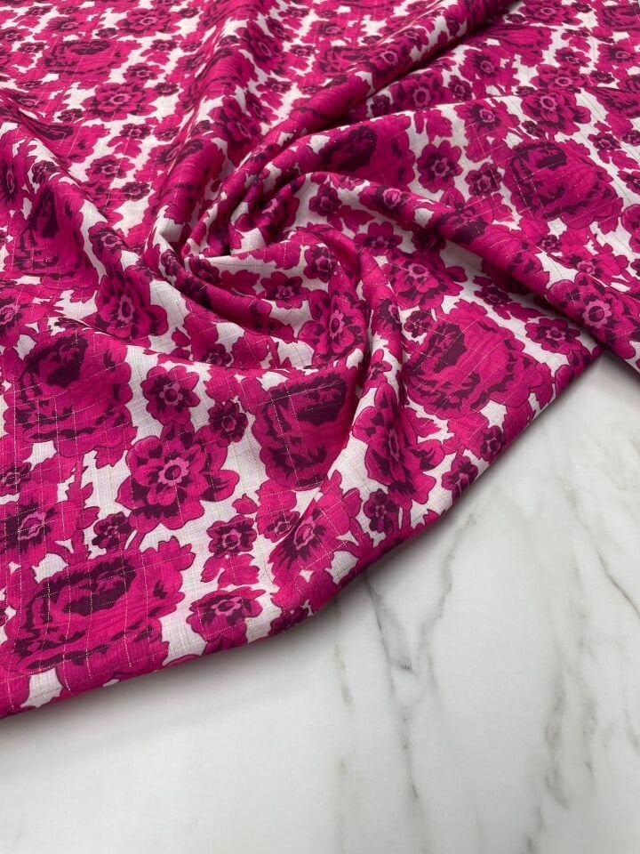 Altın Simli Holida Çiçegi Desen Elbiselik Keten Kumaş