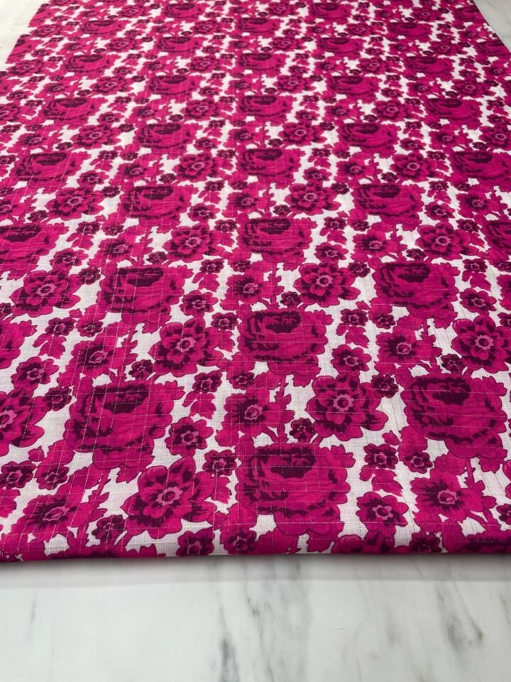 Altın Simli Holida Çiçegi Desen Elbiselik Keten Kumaş