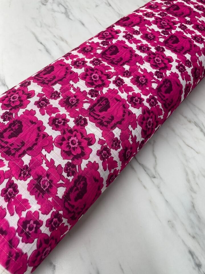 Altın Simli Holida Çiçegi Desen Elbiselik Keten Kumaş