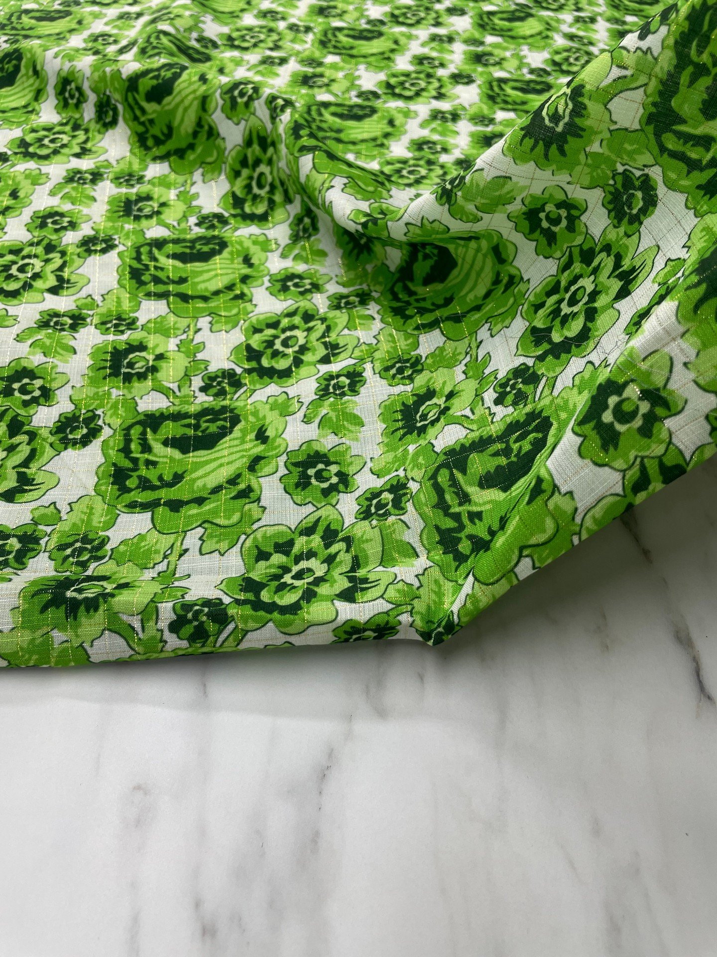 Altın Simli Feruze Desen Elbiselik Keten Kumaş