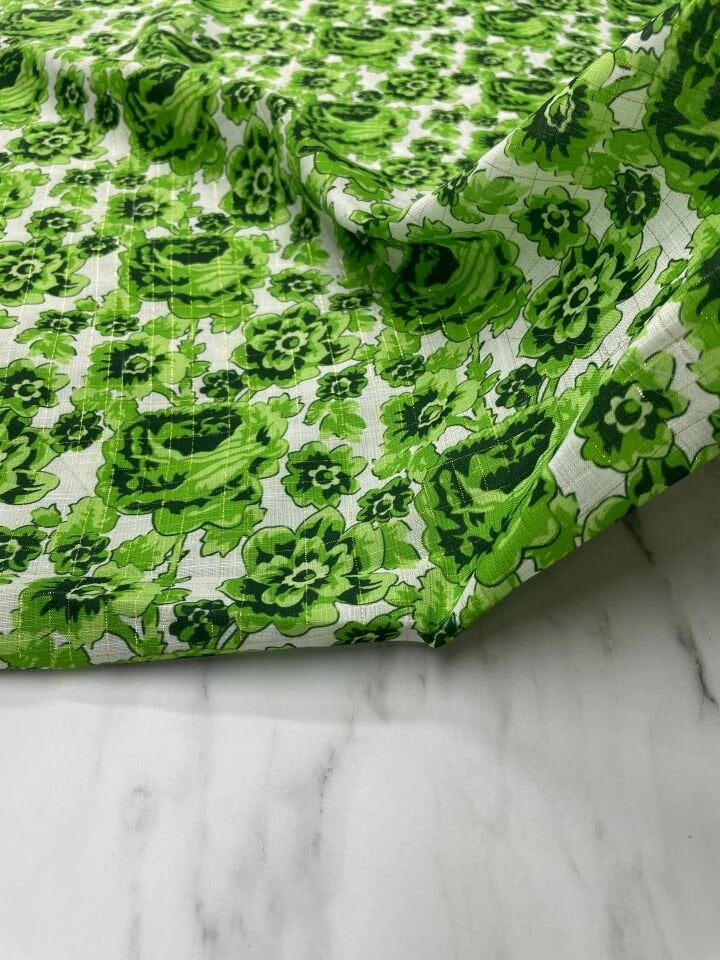 Altın Simli Feruze Desen Elbiselik Keten Kumaş