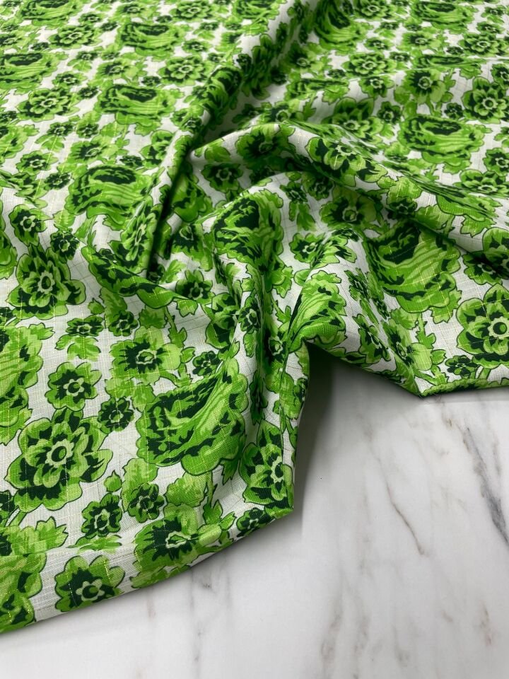 Altın Simli Feruze Desen Elbiselik Keten Kumaş