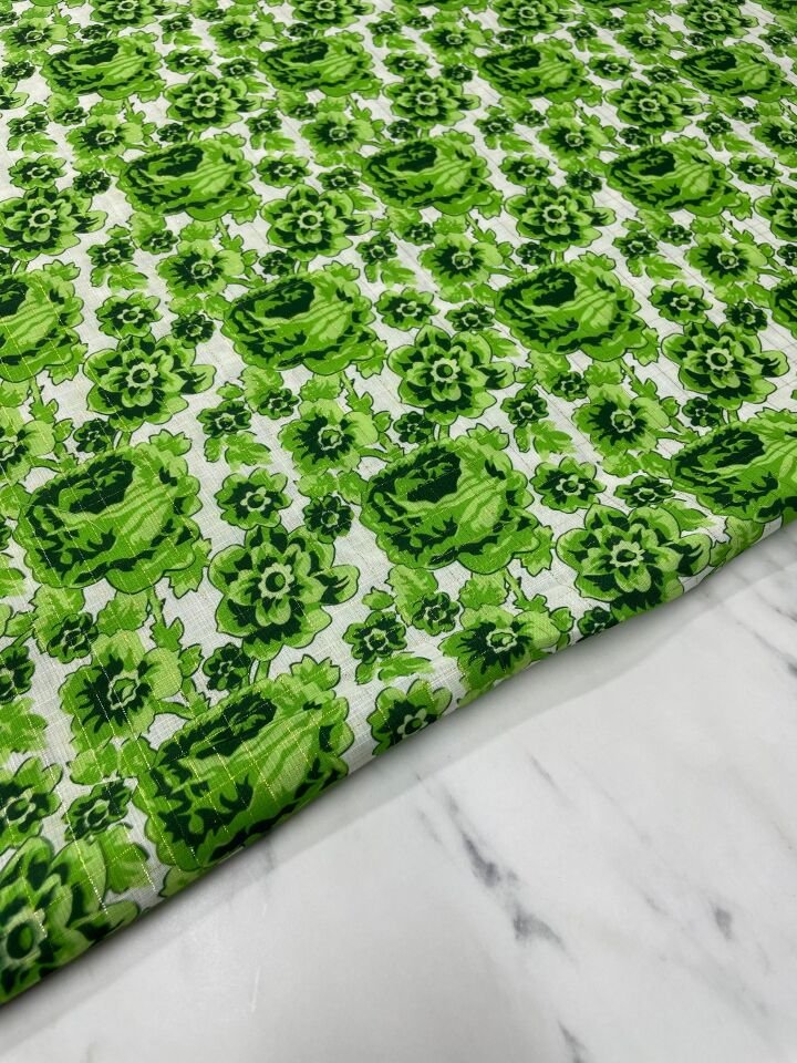 Altın Simli Feruze Desen Elbiselik Keten Kumaş