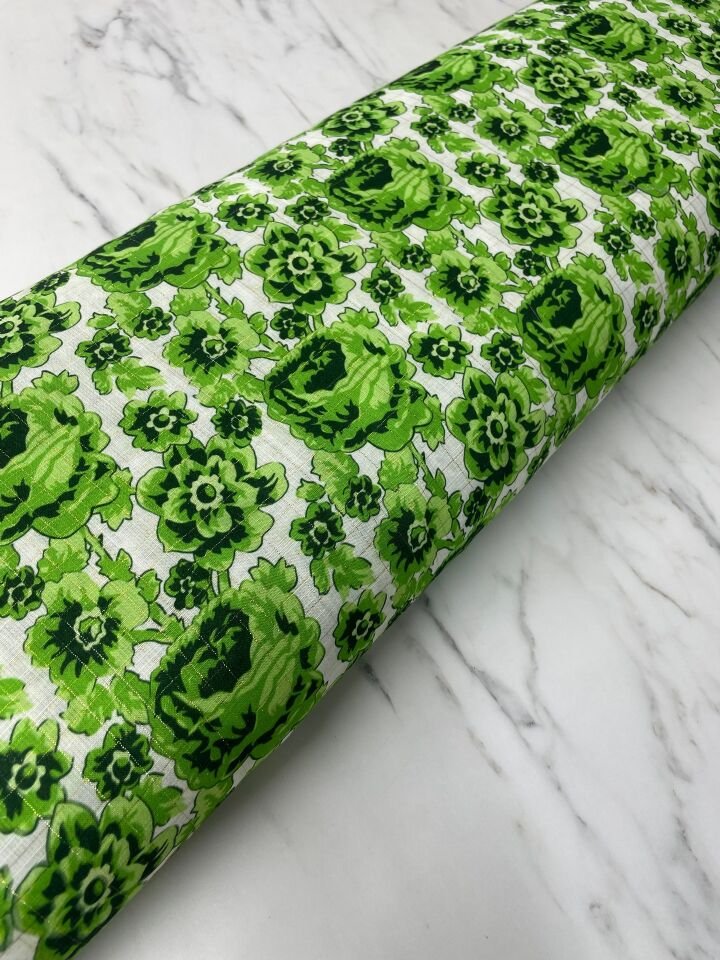 Altın Simli Feruze Desen Elbiselik Keten Kumaş