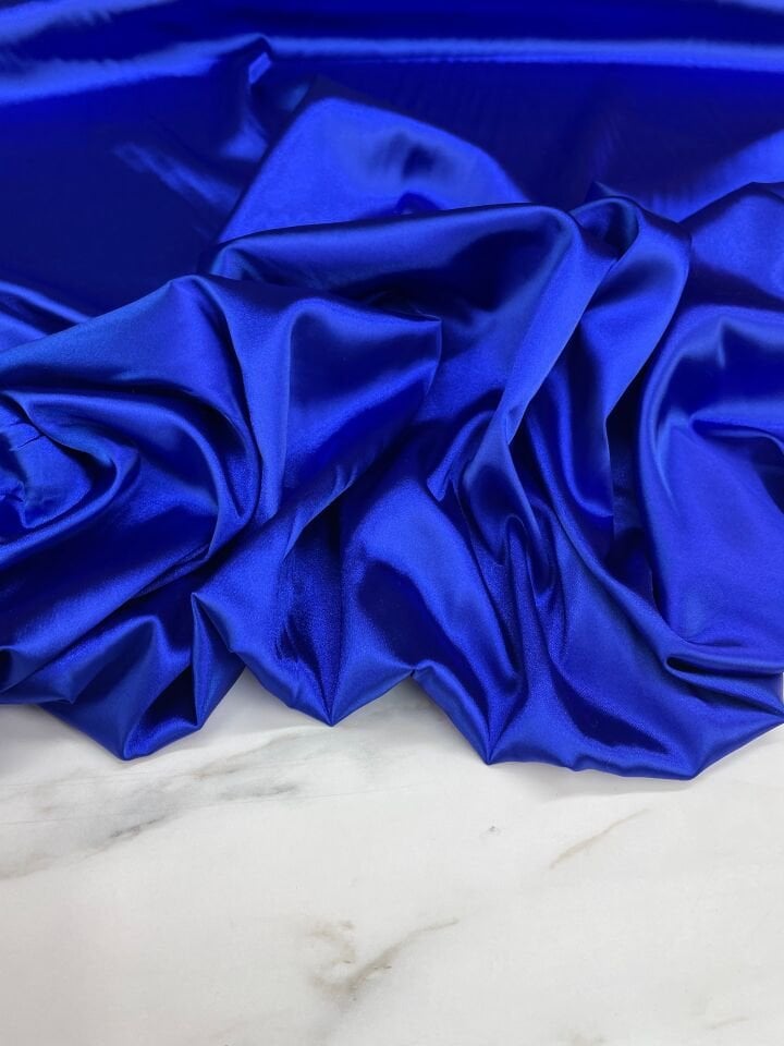 Saks Mavi  Düz Elbiselik Likralı Saten Kumaş