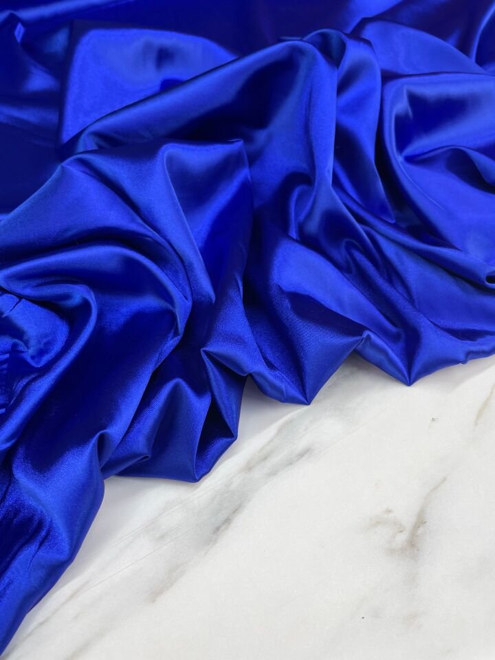 Saks Mavi  Düz Elbiselik Likralı Saten Kumaş