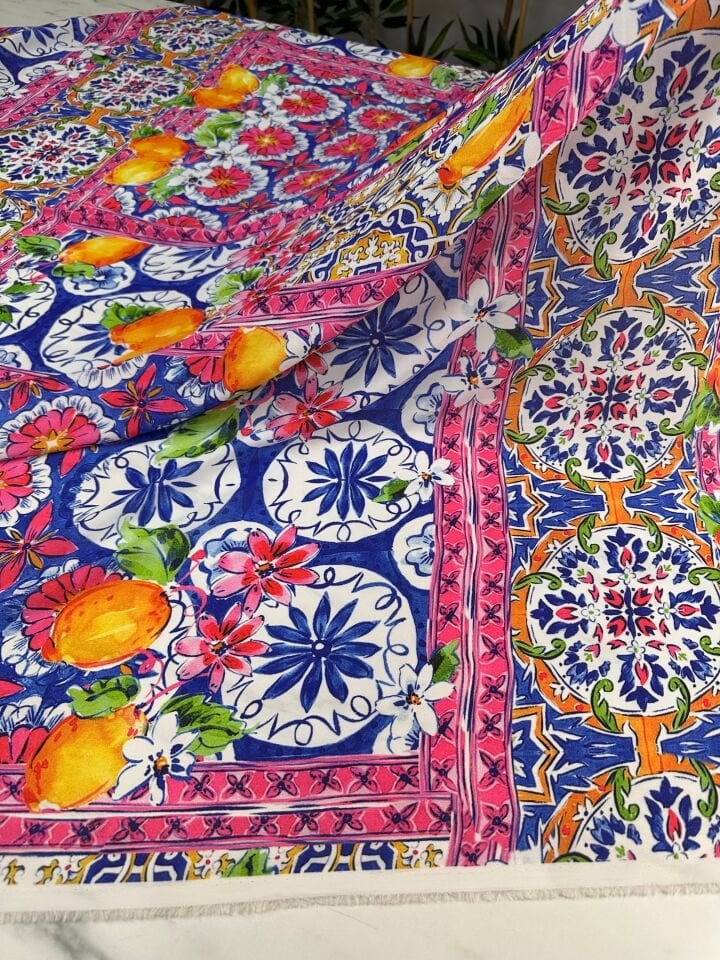 Limonlu Özbek Desen Elbiselik Gömleklik Krep Kumaş