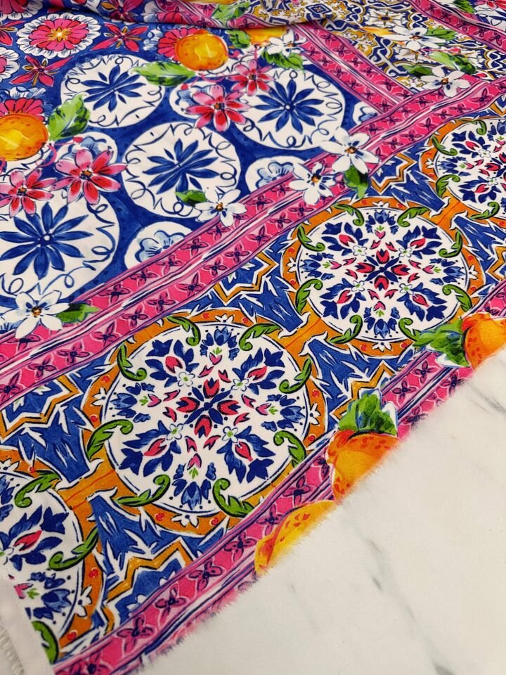 Limonlu Özbek Desen Elbiselik Gömleklik Krep Kumaş