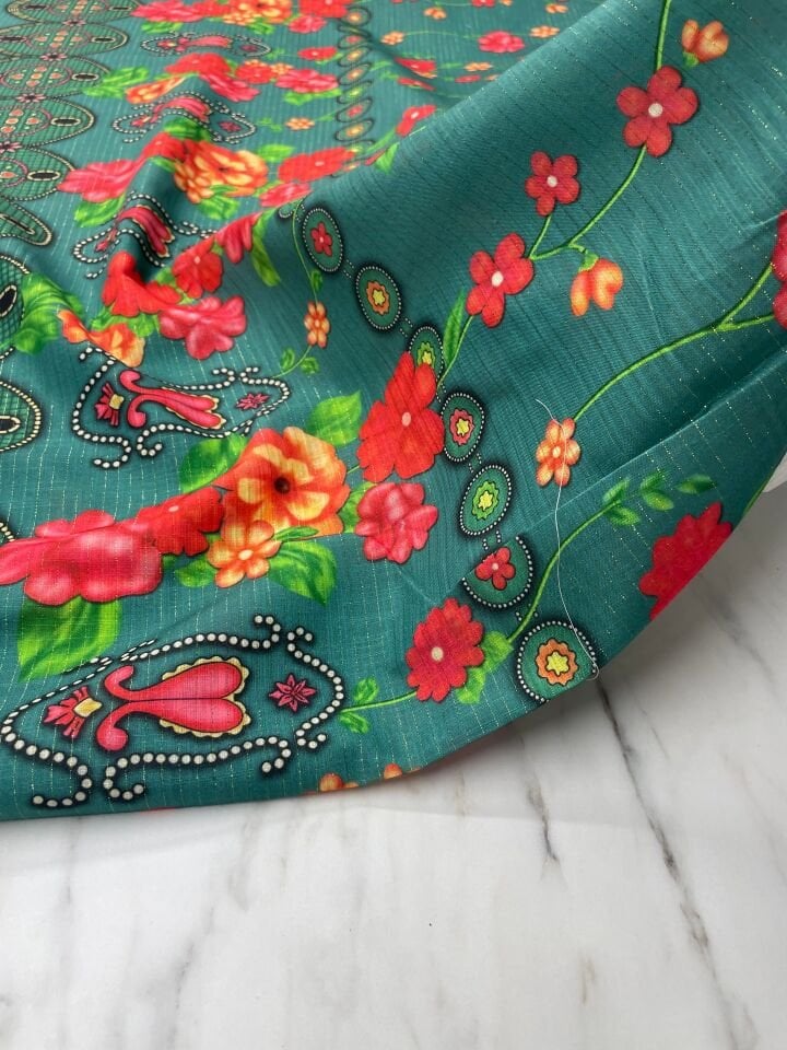 Altın Simli Otantik Desen Elbiselik Keten Kumaş