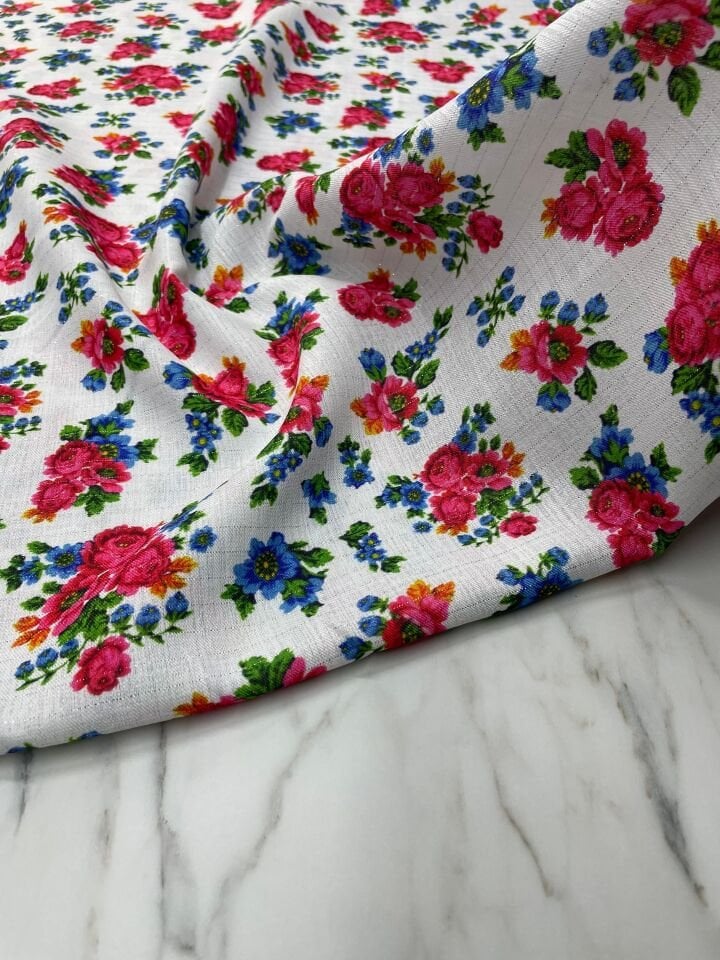 Gümüş Simli Menekşe Çiçegi Desen Elbiselik Keten Kumaş