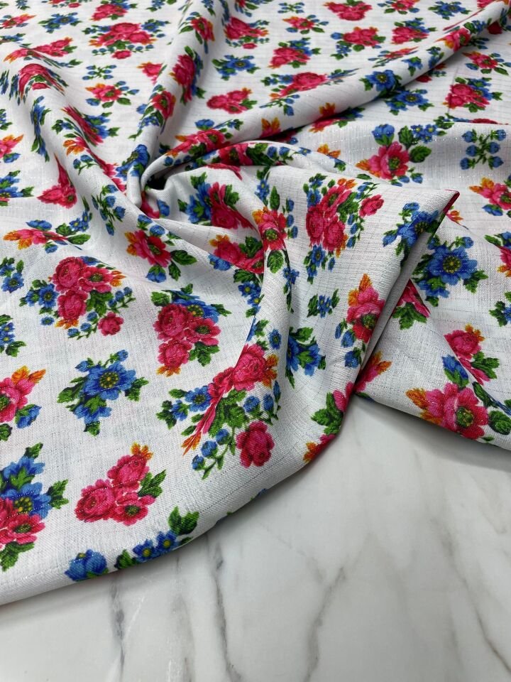 Gümüş Simli Menekşe Çiçegi Desen Elbiselik Keten Kumaş