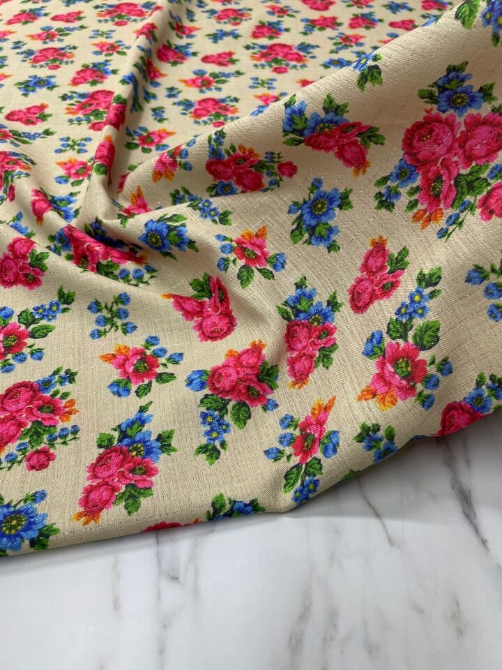 Gümüş Simli Ural Çiçegi Desen Elbiselik Keten Kumaş