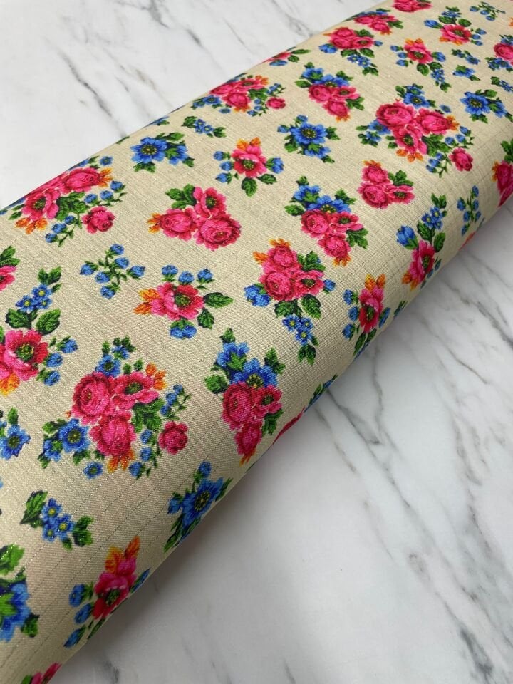 Gümüş Simli Ural Çiçegi Desen Elbiselik Keten Kumaş