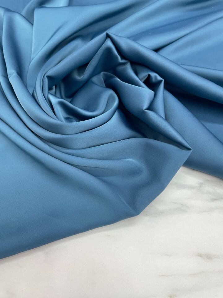 Mavi Düz Elbiselik Likralı Saten Kumaş