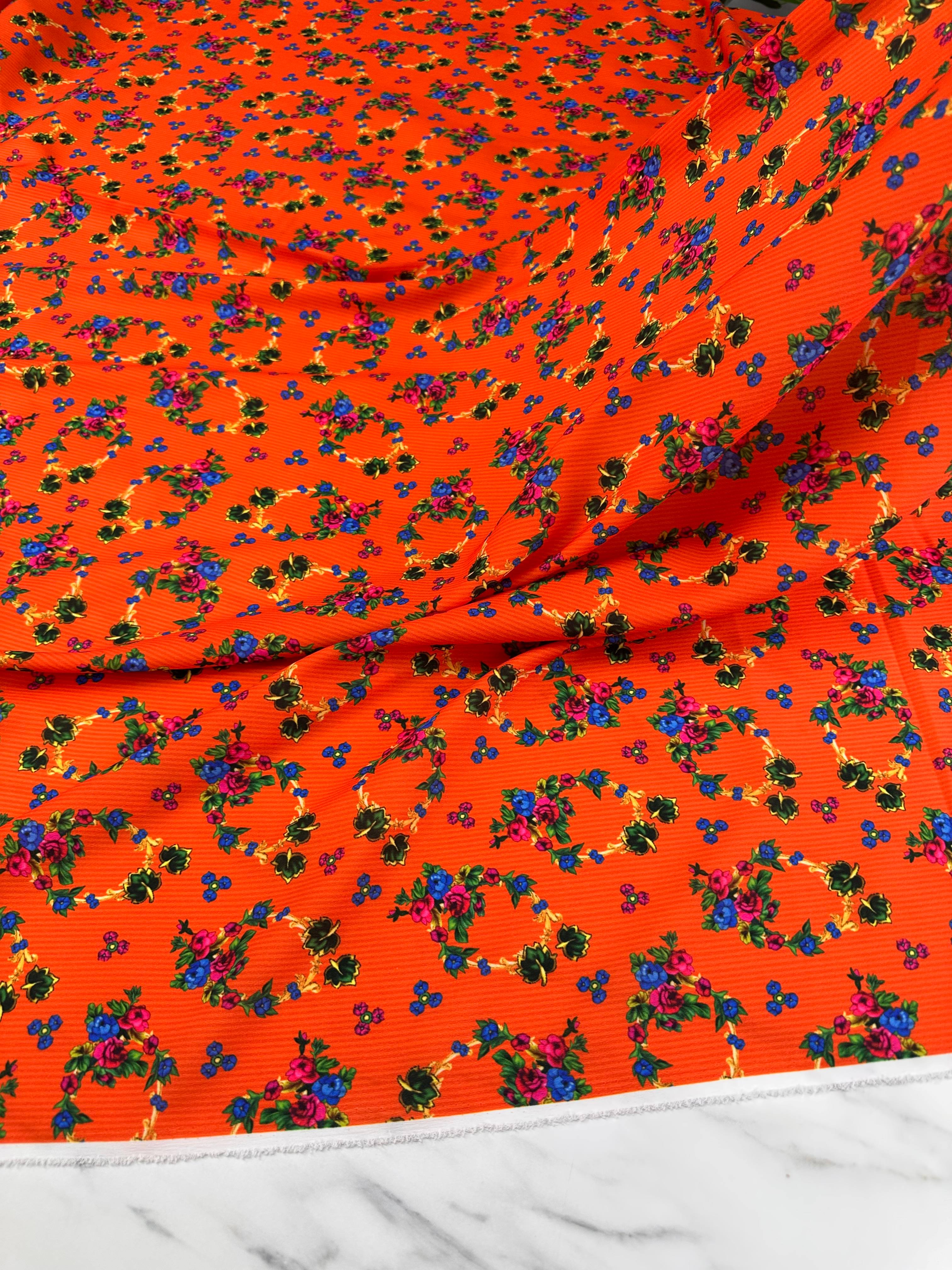 Turuncu Türkmen Desen Elbiselik Gömleklik Krep Kumaş