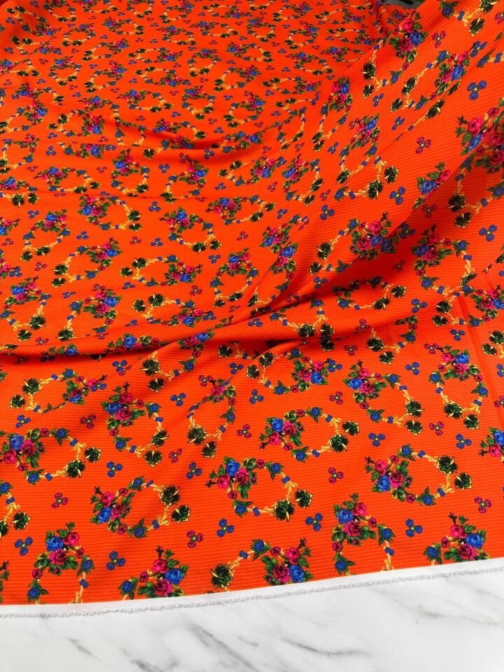 Turuncu Türkmen Desen Elbiselik Gömleklik Krep Kumaş