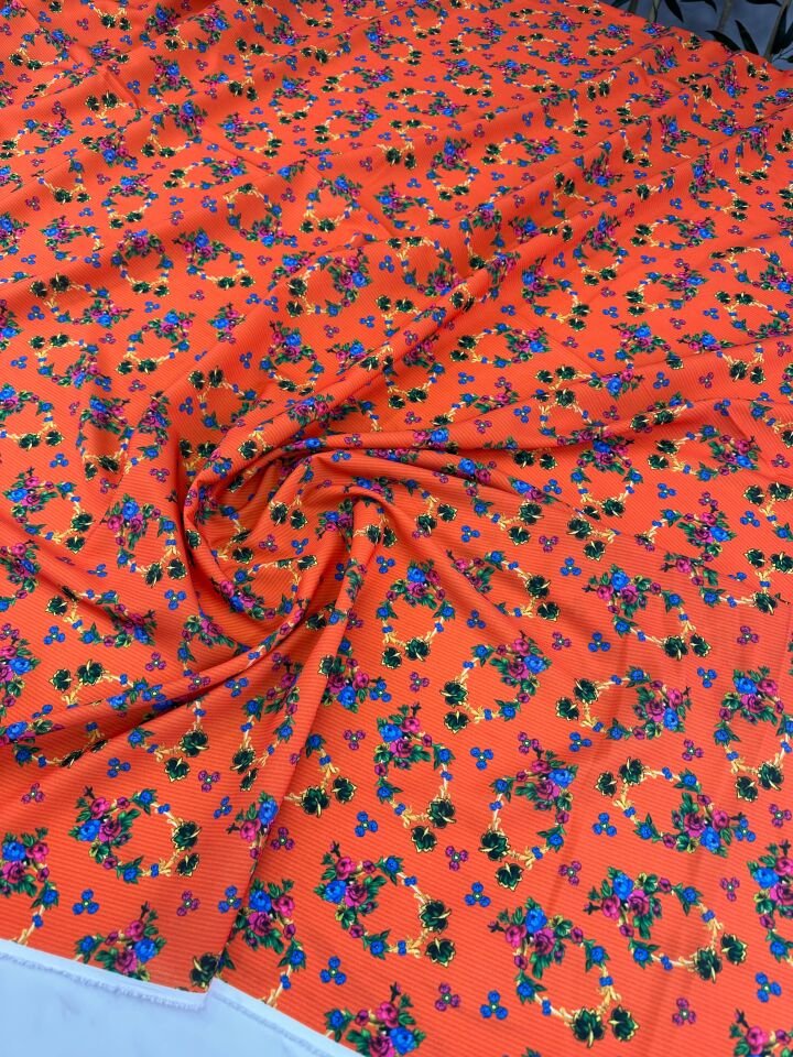 Turuncu Türkmen Desen Elbiselik Gömleklik Krep Kumaş