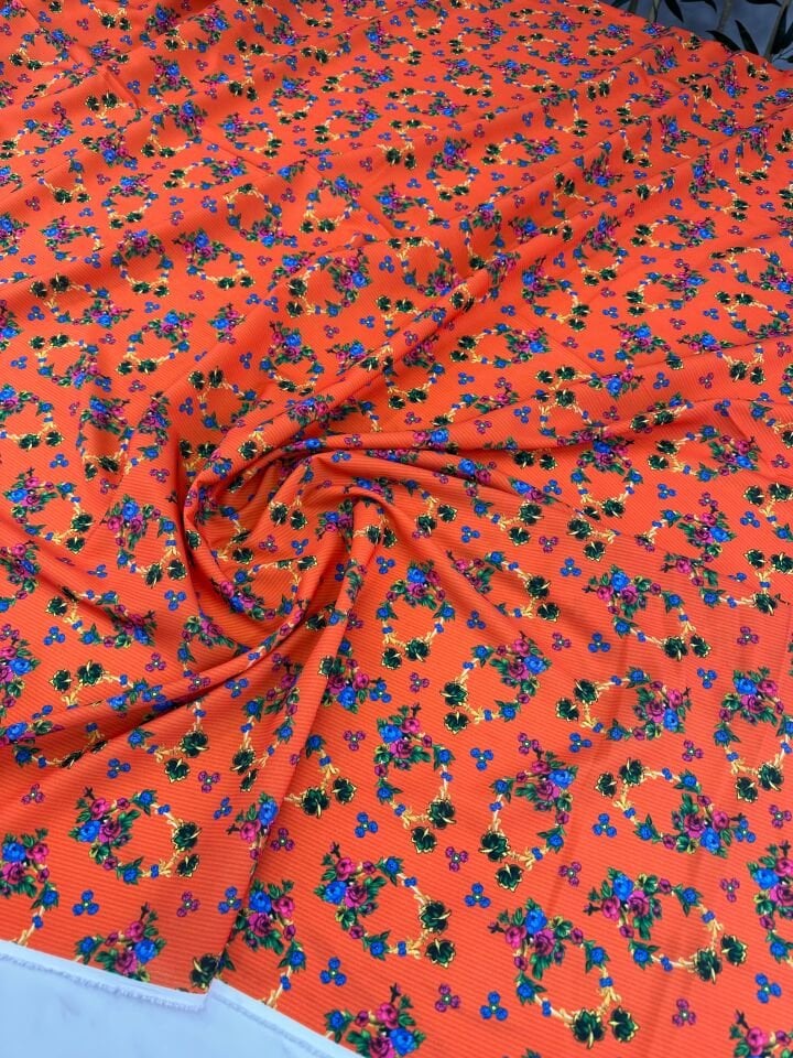 Turuncu Türkmen Desen Elbiselik Gömleklik Krep Kumaş