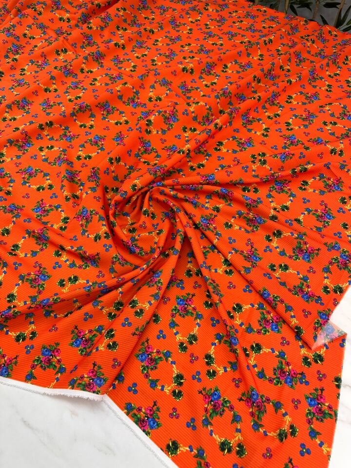 Turuncu Türkmen Desen Elbiselik Gömleklik Krep Kumaş