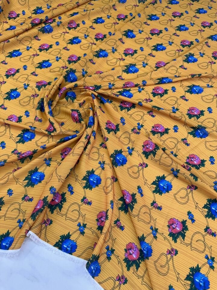 Sarı Türkmen Desen Elbiselik Gömleklik Krep Kumaş