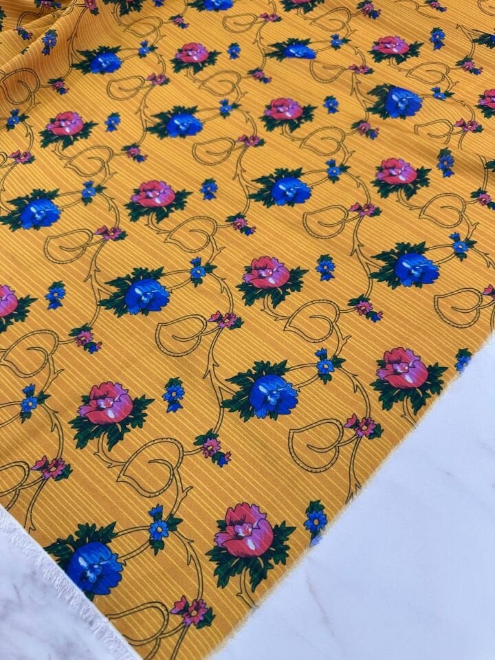 Sarı Türkmen Desen Elbiselik Gömleklik Krep Kumaş