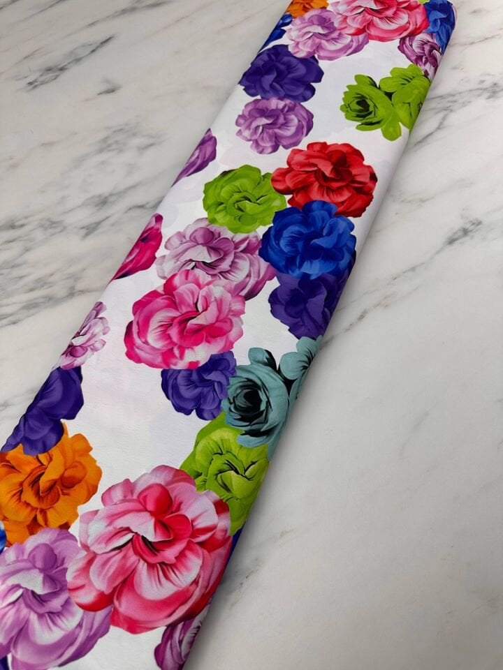 Renkli Gül Desen Elbiselik Gömleklik Krep Kumaş