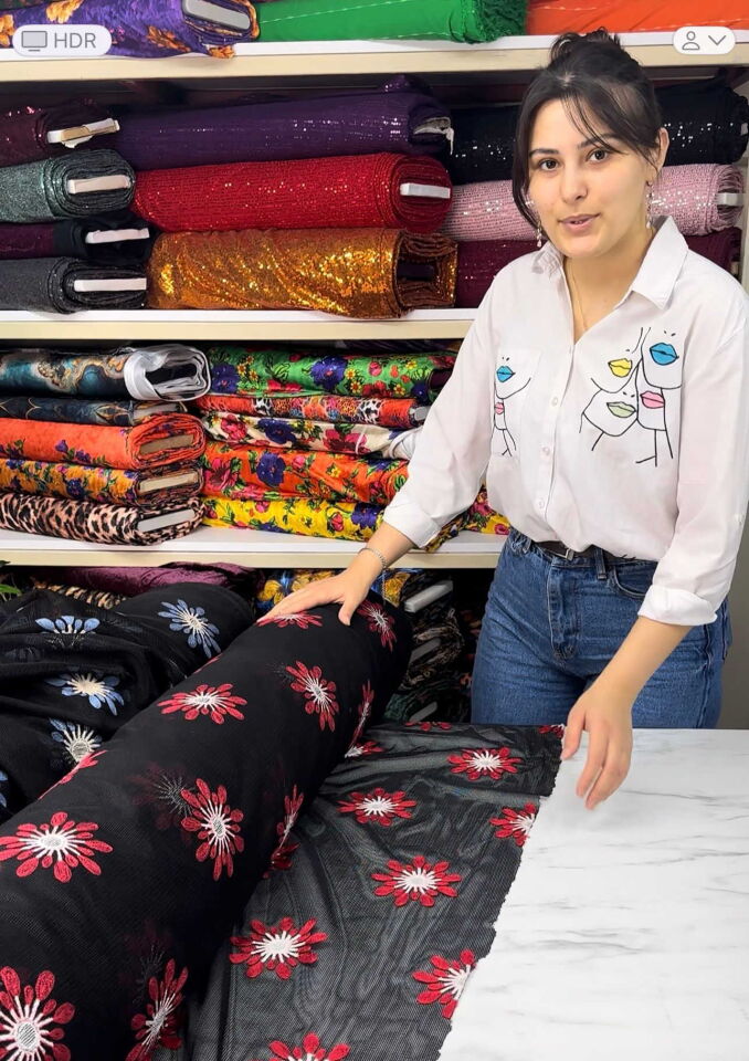 Fantazi Ürün Nakış İşleme File Elbise Etek Tunik Abaya Kırmızı