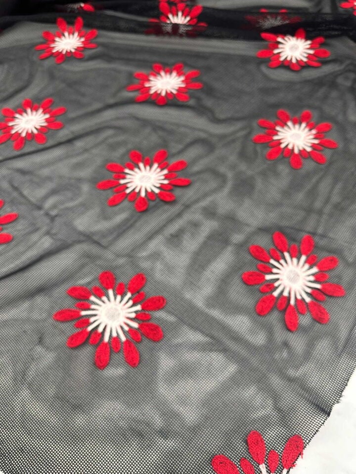 Fantazi Ürün Nakış İşleme File Elbise Etek Tunik Abaya Kırmızı