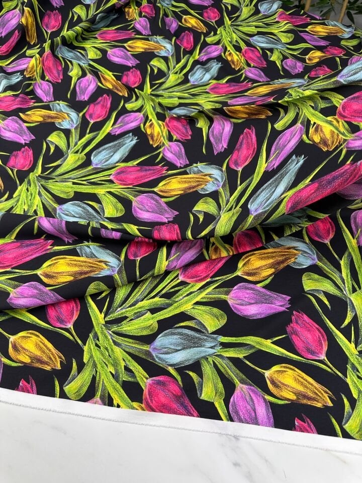 Renkli Lale Desen Elbiselik Gömleklik Krep Kumaş