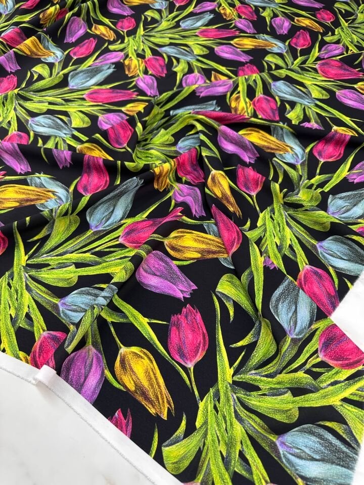 Renkli Lale Desen Elbiselik Gömleklik Krep Kumaş