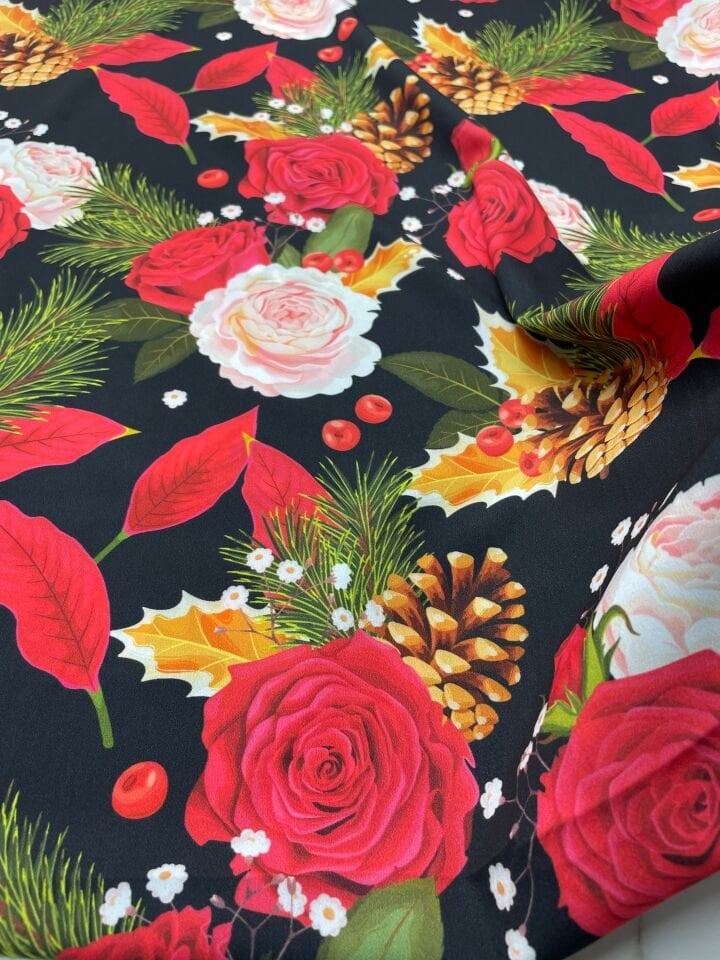 Kozalaklı Gül Desen Elbiselik Gömleklik Krep Kumaş