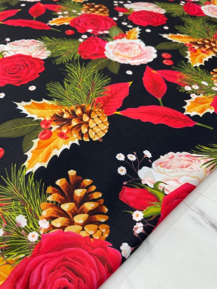 Kozalaklı Gül Desen Elbiselik Gömleklik Krep Kumaş