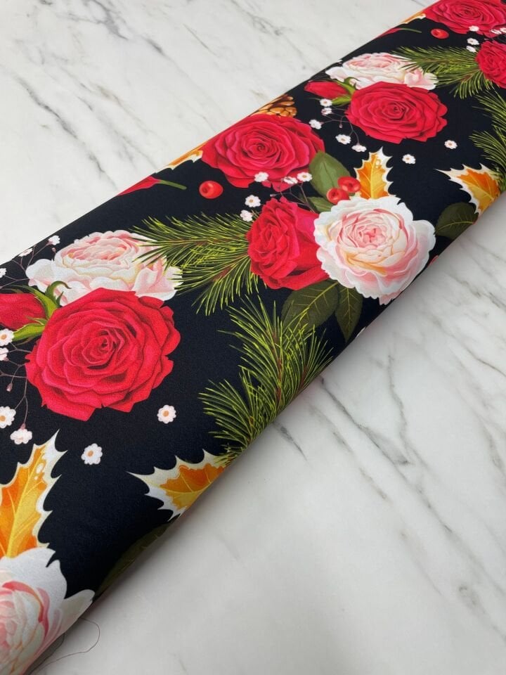 Kozalaklı Gül Desen Elbiselik Gömleklik Krep Kumaş