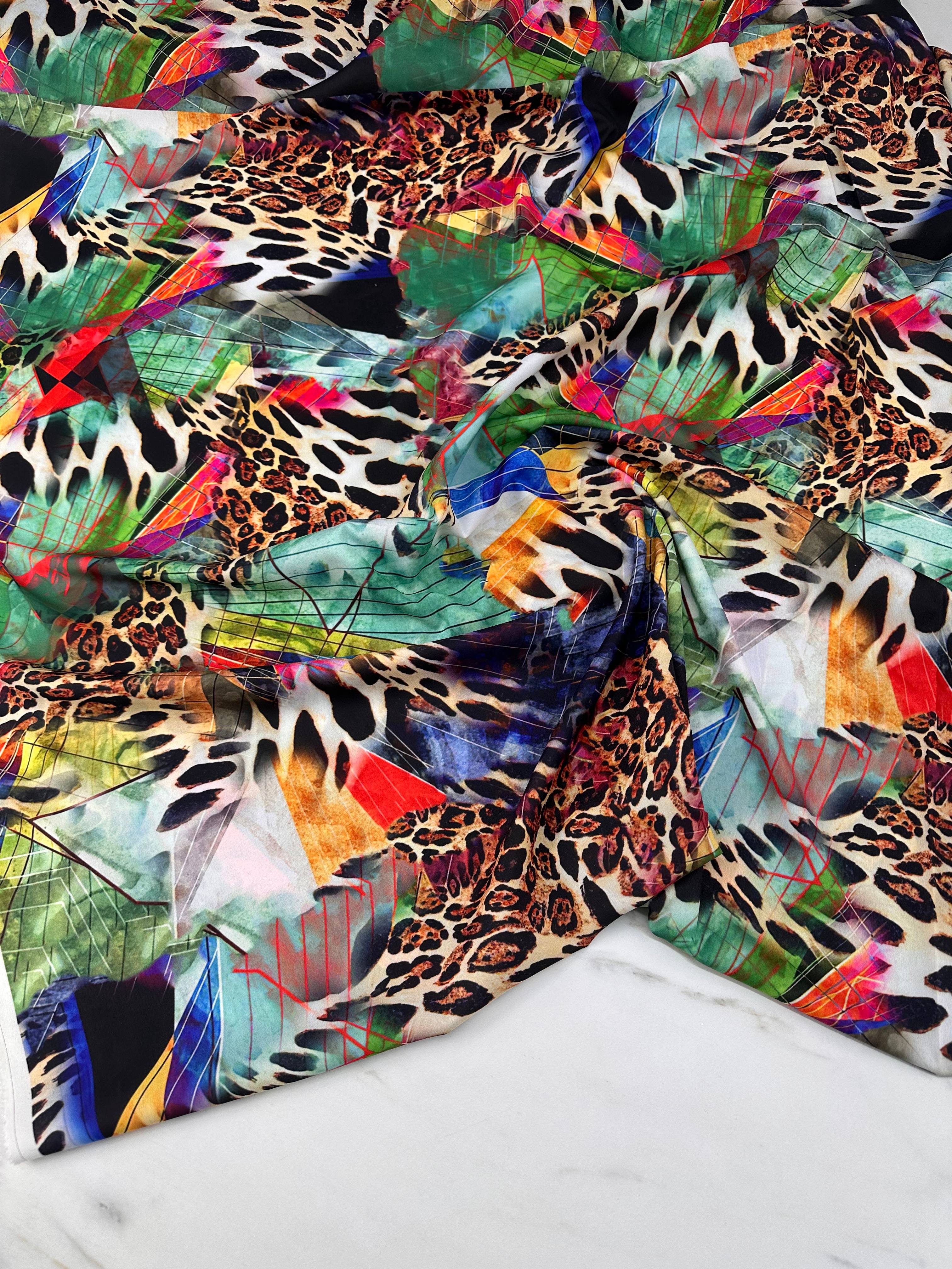 Renkli Leopar Desen Elbiselik Gömleklik Krep Kumaş