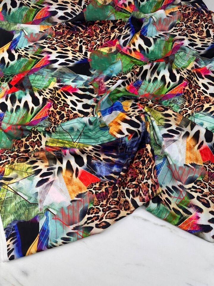 Renkli Leopar Desen Elbiselik Gömleklik Krep Kumaş