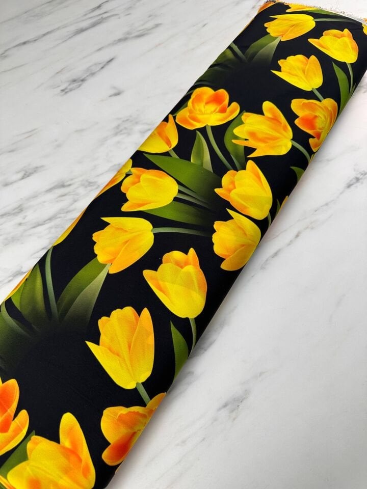 Sarı Gül Desen Elbiselik Gömleklik Krep Kumaş