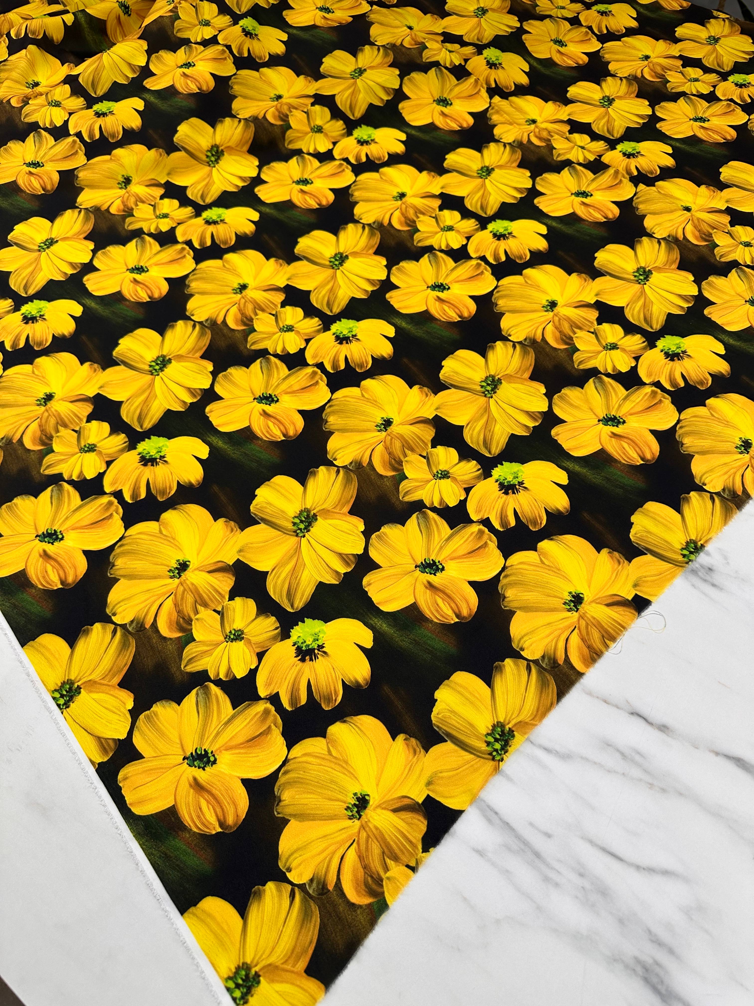 Sarı Geranium Desen Elbiselik Gömleklik Krep Kumaş